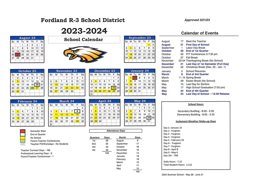 2023 24 District Calendar Fordland R III School District